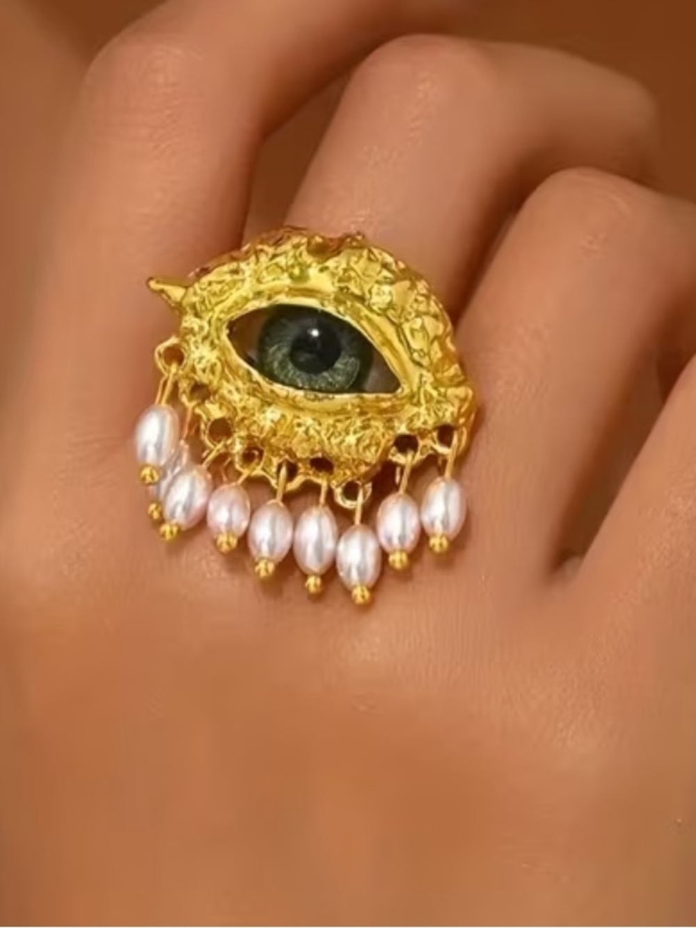 Gold Eye Statement tassel open Ring with Pearl Accents